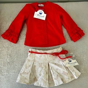 Red and Cream Blouse and Skirt Set